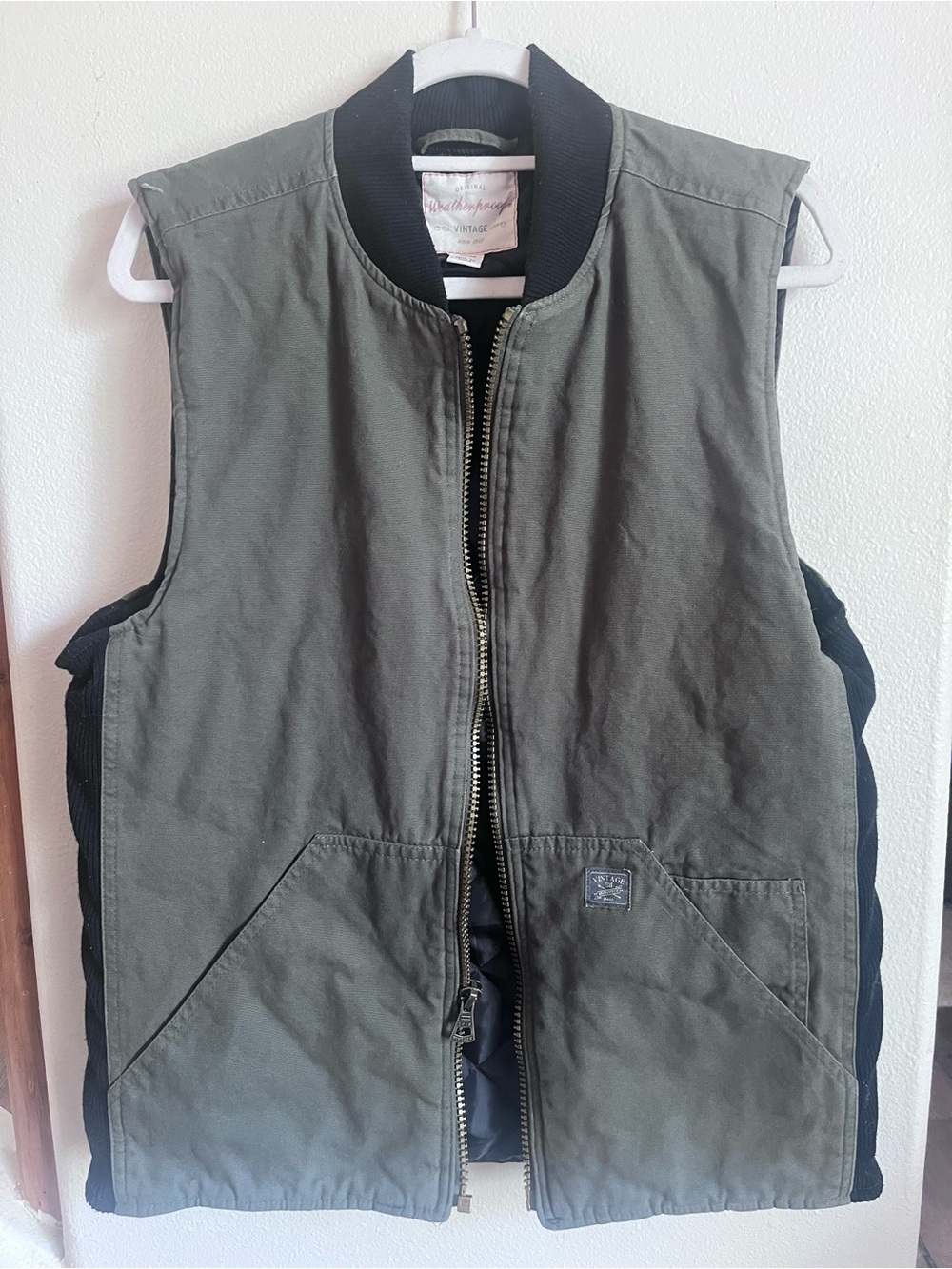 Weatherproof Olive Green Quilted Utility Vest with Black Trim